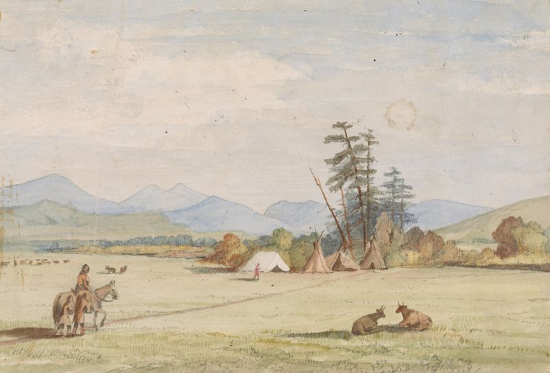 Victor’s Camp – Hell Gate Ronde de John Mix Stanley, pintura a óleo com uma figura solitária em uma paisagem árida.