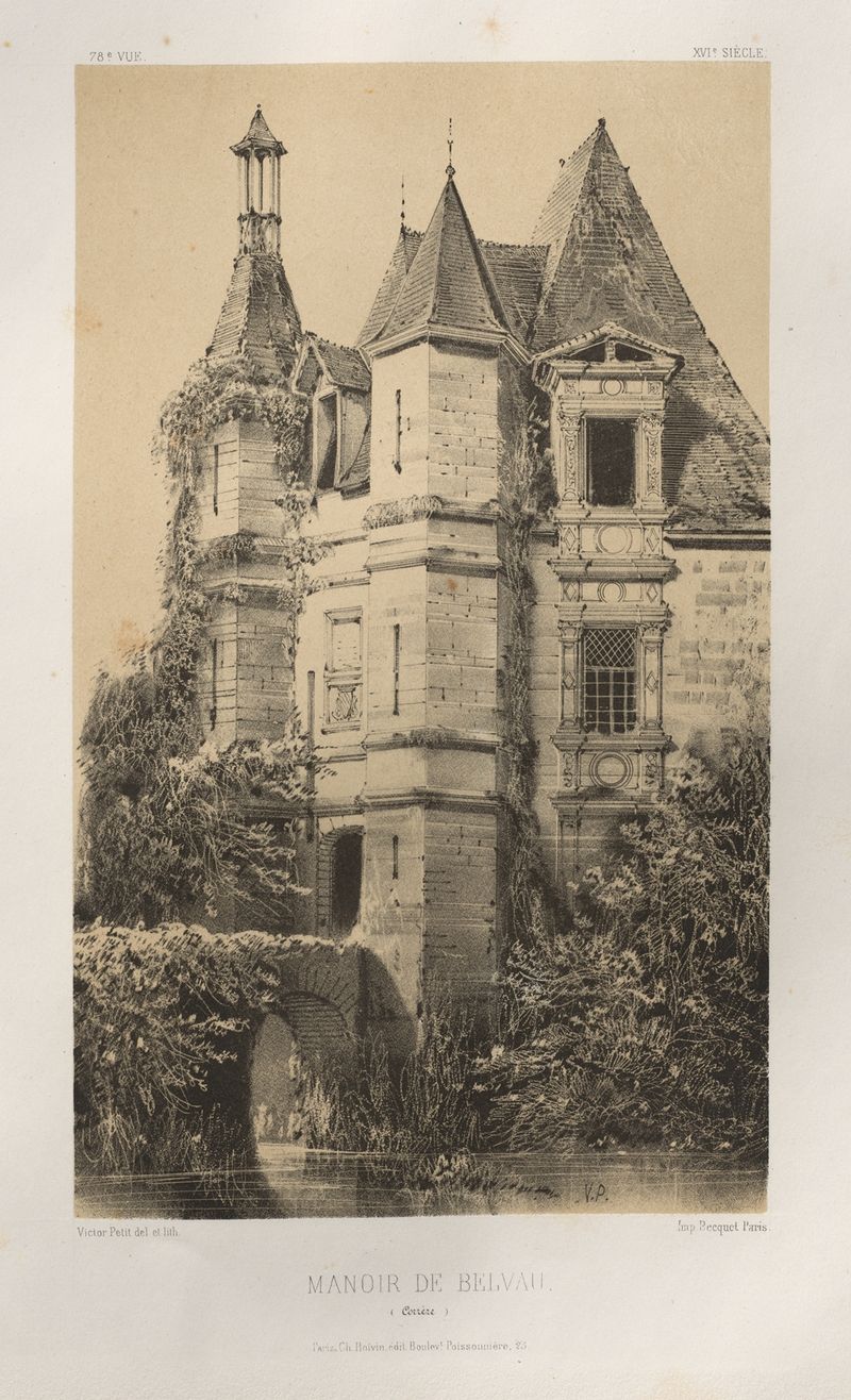 Pintura al óleo de paisaje de Victor Petit con un manor rodeado de vegetación