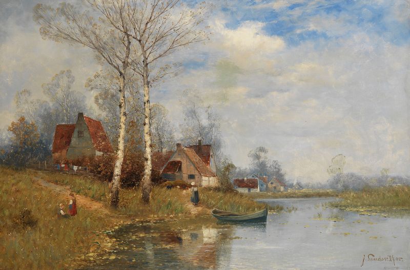 Landscape of a serene lake on a summer day, oil painting by Johann Jungblut