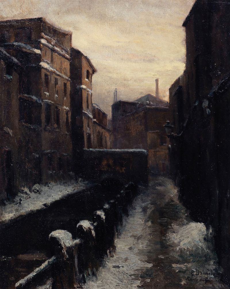 Vue de la Bièvre, ruelle des Gobelins, oil on canvas by Germain Eugène Bonneton