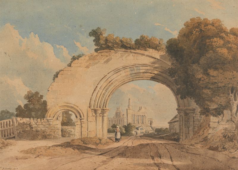 Landscape of Byland Abbey ruins by John Varley, 1808, oil painting