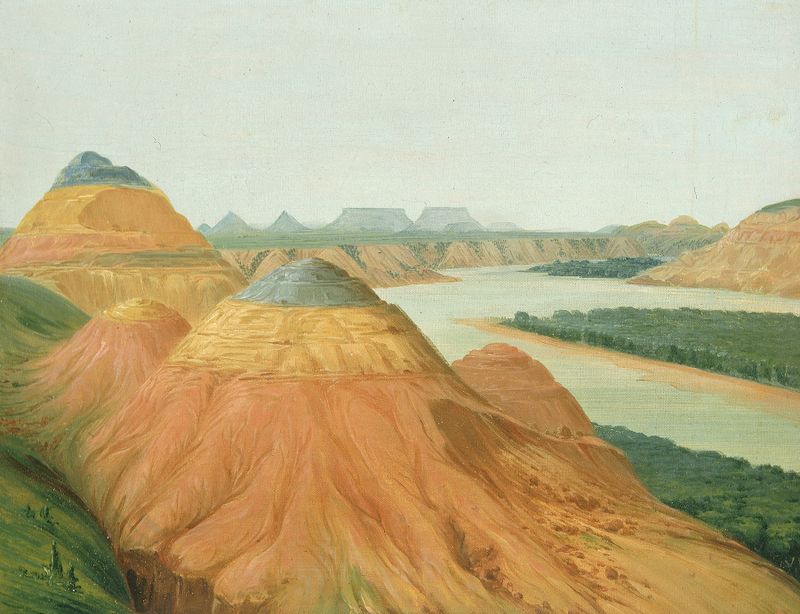 View In The Big Bend Of The Upper Missouri, oil on canvas by George Catlin, featuring a winding river and mountains.
