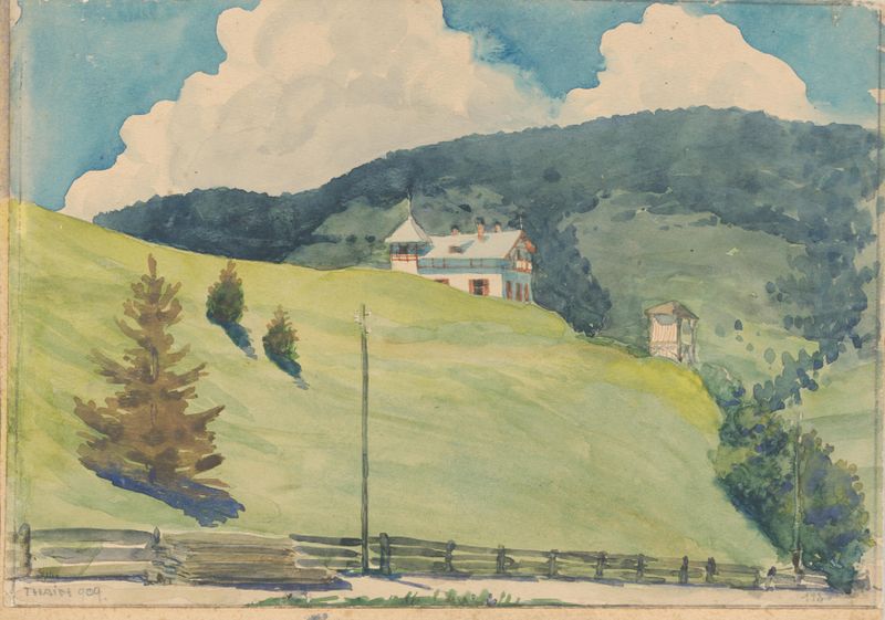 Landscape oil painting by Ján Thain depicting a village nestled in hills