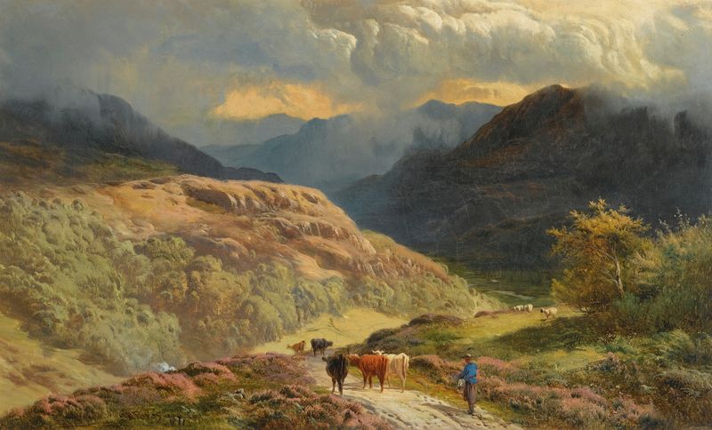 Cena do lago montanhoso com figuras e gado, pintura a óleo de Sidney Richard Percy