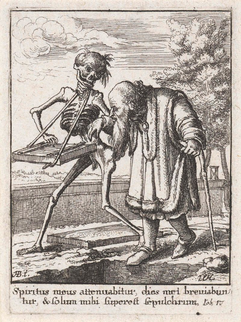 Gravura de Wenceslaus Hollar mostrando um homem idoso contemplando a mortalidade.