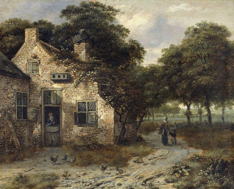 La Granja de Jan Wijnants, óleo sobre lienzo, que representa un paisaje rural con un tejado de paja