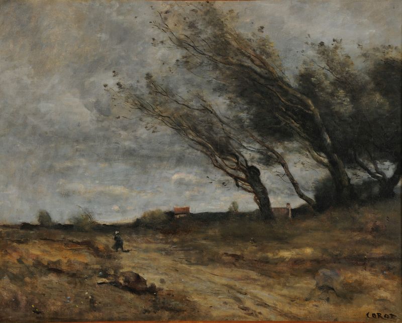 Le Coup de vent, óleo sobre lienzo de Jean-Baptiste-Camille Corot, que representa un paisaje turbulento.