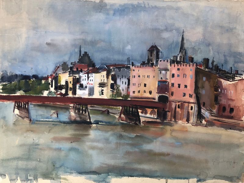 Wasserburg am Inn – Frontpartie mit Innbrücke de Otto Geigenberger, óleo sobre tela que mostra uma ponte e um rio.