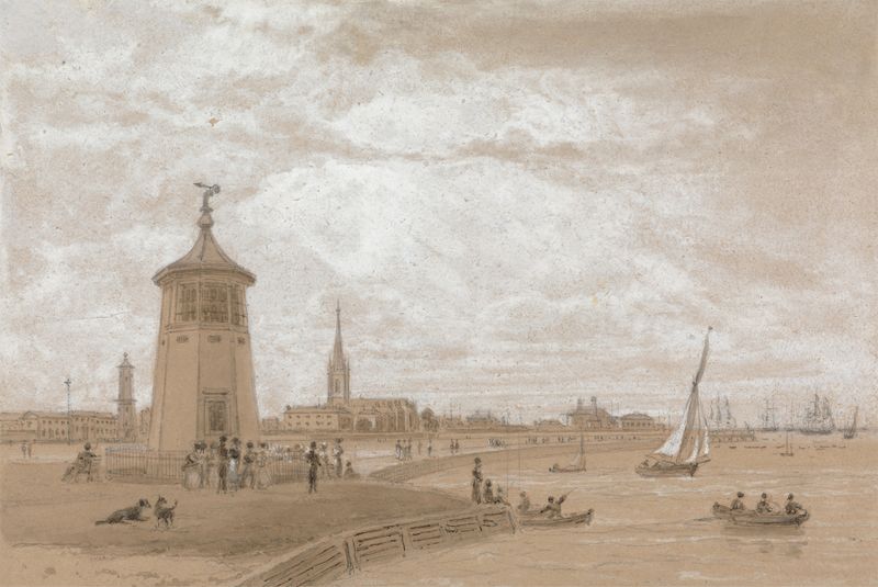 Cena marinha com águas tranquilas e reflexos de luz do sol, óleo de William Daniell