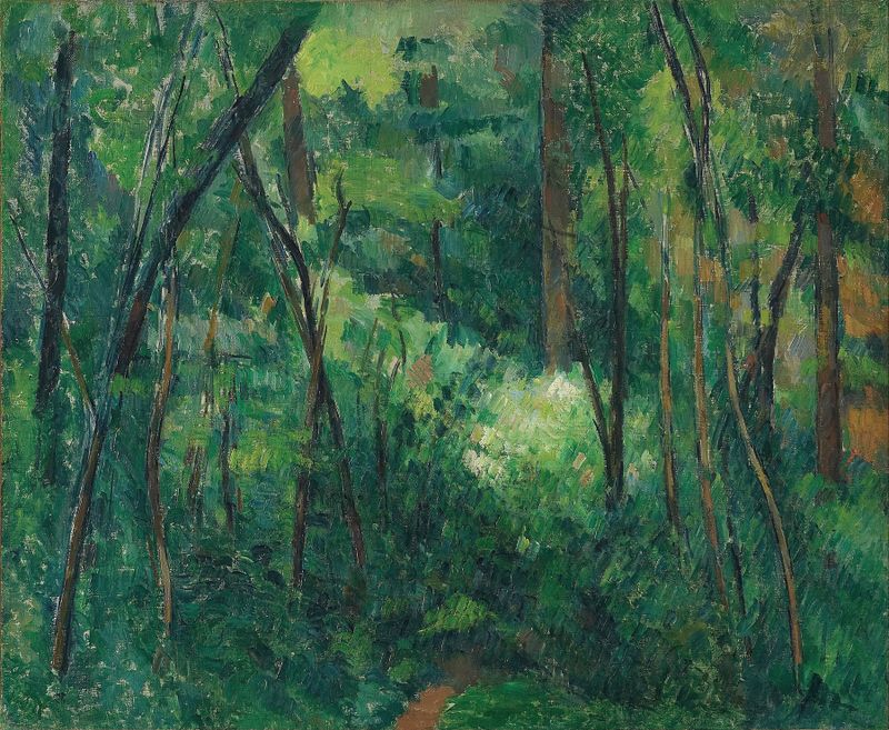 Interior de uma floresta por Paul Cezanne, pintura a óleo mostrando a luz filtrando através das árvores.