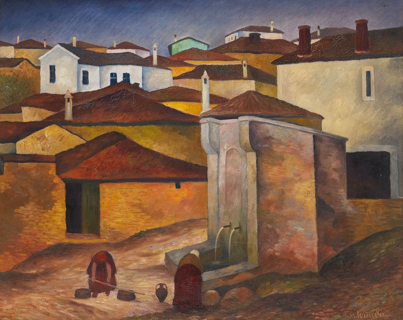 Fonte em Veles, óleo sobre tela de Gustav Wunderwald, mostrando luz e texturas de pedra.
