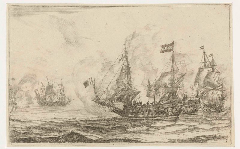 Zeeslag met overname van een schip, grabado de Reinier Nooms, que representa una batalla naval en el mar.