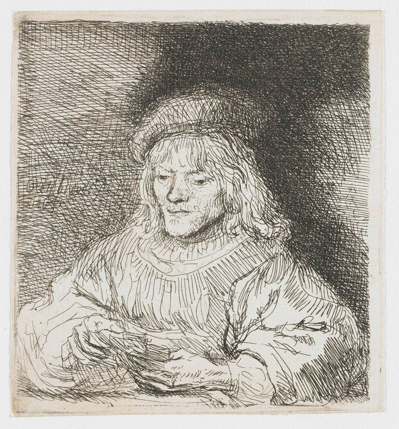 Grabado de Rembrandt van Rijn mostrando jugadores concentrados en un juego de cartas con luz dorada.