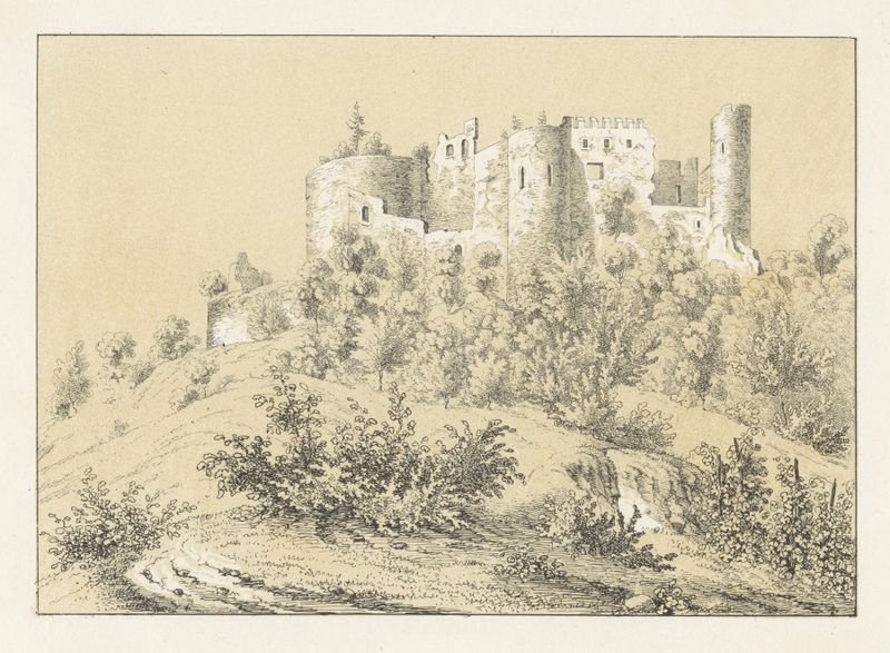 Dorneck de Johann Friedrich Wagner, pintura a óleo que retrata uma paisagem tumultuada com azuis profundos e picos irregul...