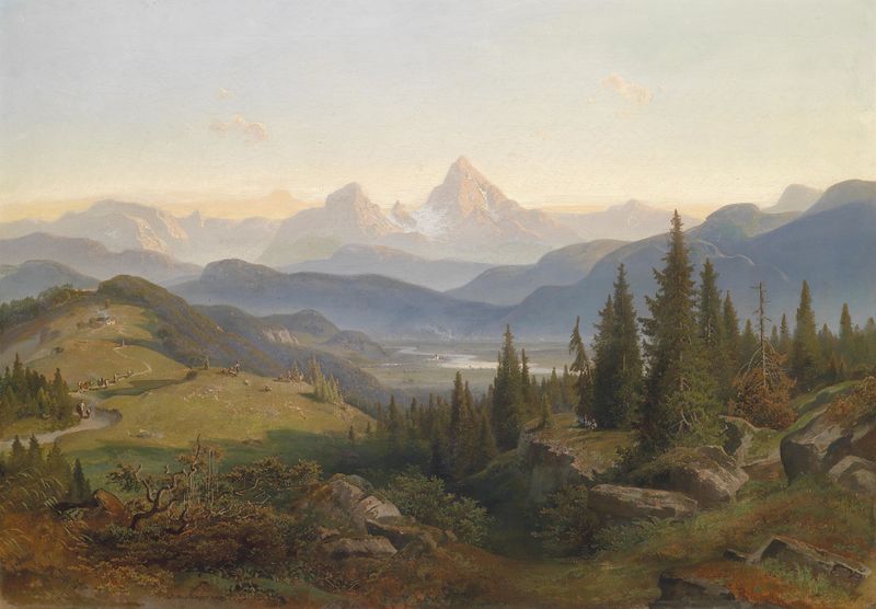 Landschaft mit Watzmann by Josef Mayburger, oil on canvas depicting mountains and valleys