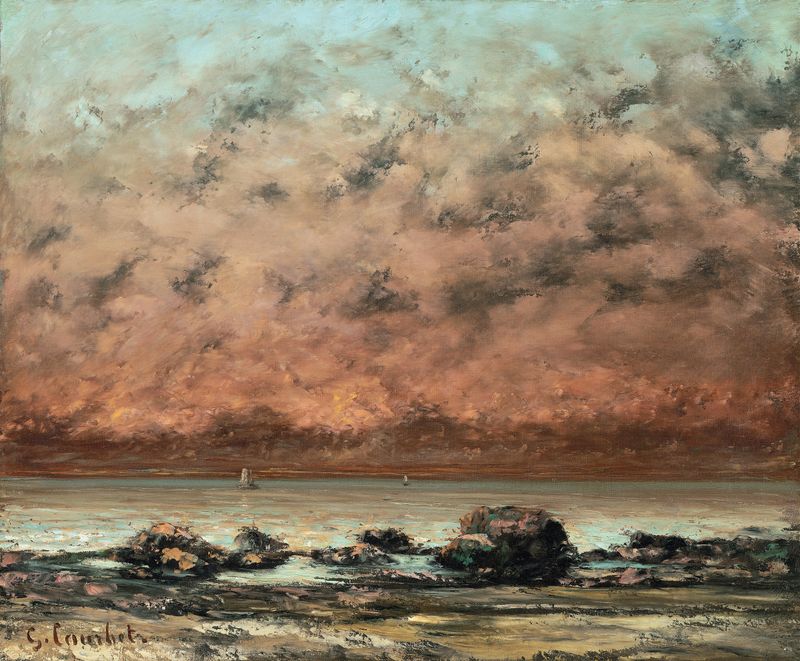 The Black Rocks at Trouville by Gustave Courbet, oil painting depicting dark rocks and foaming sea.