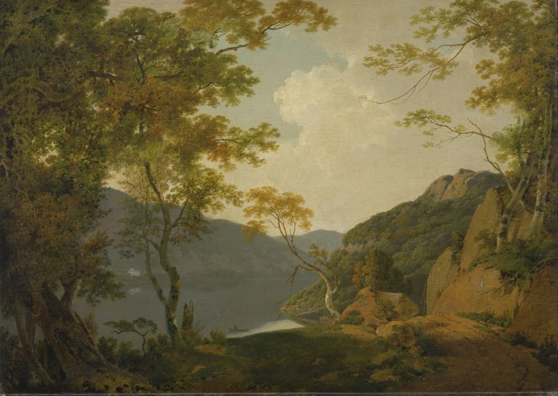 Lake Scene de Joseph Wright of Derby, pintura a óleo que retrata um lago tranquilo e folhagem exuberante.