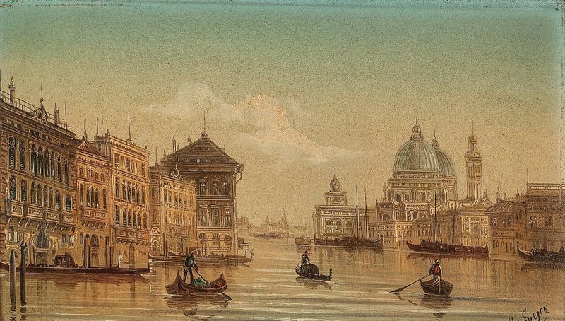 Oil painting of Venice's Canal Grand S. Maria della Salute by August Von Siegen