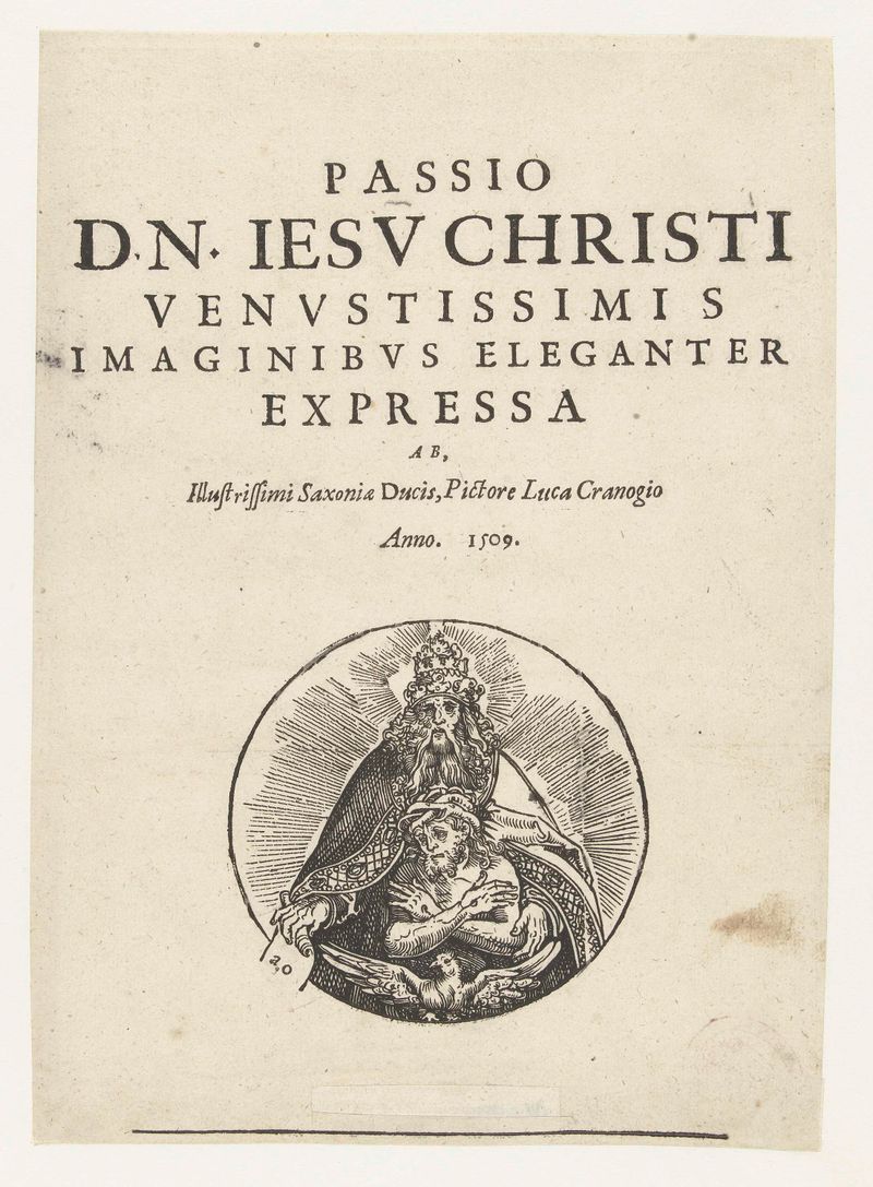 Titelpagina met tekst en Drieëenheid de Lucas Cranach (I), meio papel, apresentando texto ornamental e figuras sagradas.