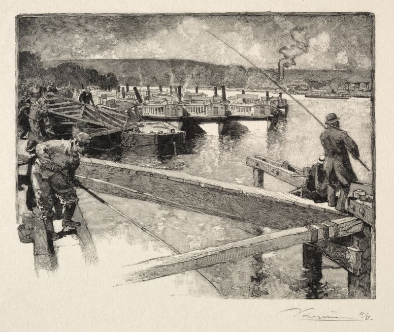 Le garage des bateaux-omnibus de Auguste Louis Lepère, pintura al óleo, que muestra barcos en un puerto.