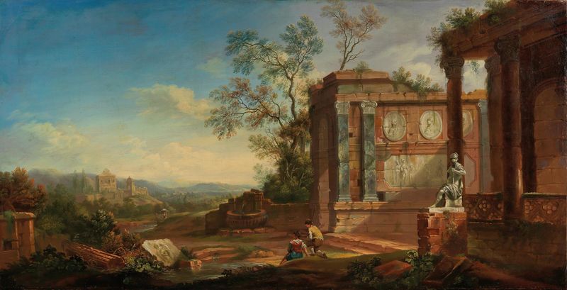 Rococo landscape with a river and mountains by Christian Georg Schütz the elder