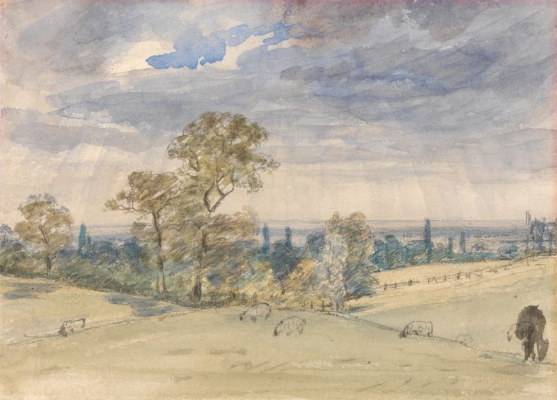 Suffolk Landscape de John Constable, óleo mostrando campos verdes e um céu nublado