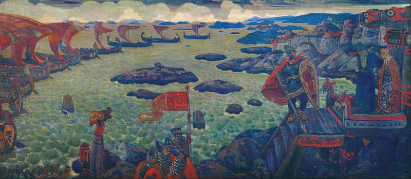Ready for the Campaign (The Varangian Sea) by Nicholas Roerich, oil on canvas depicting azure sea and a historical figure.