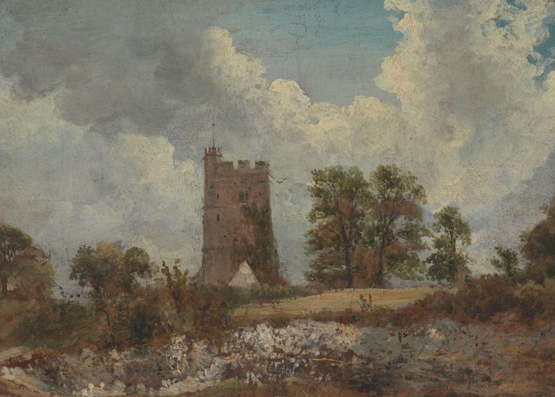 Landscape with a Church by Frederick Waters Watts, oil painting depicting a church amidst rolling hills and golden light.