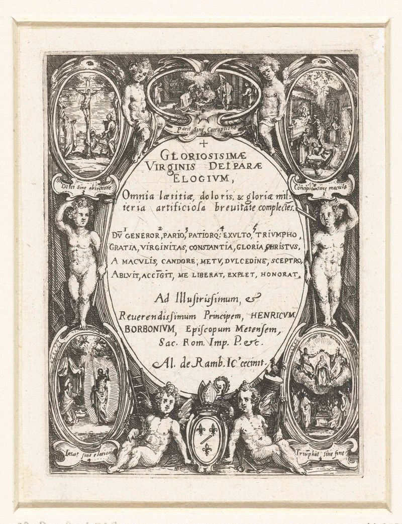 Cartouche con texto rodeado de querubines y escenas de María, grabado de Jacques Callot