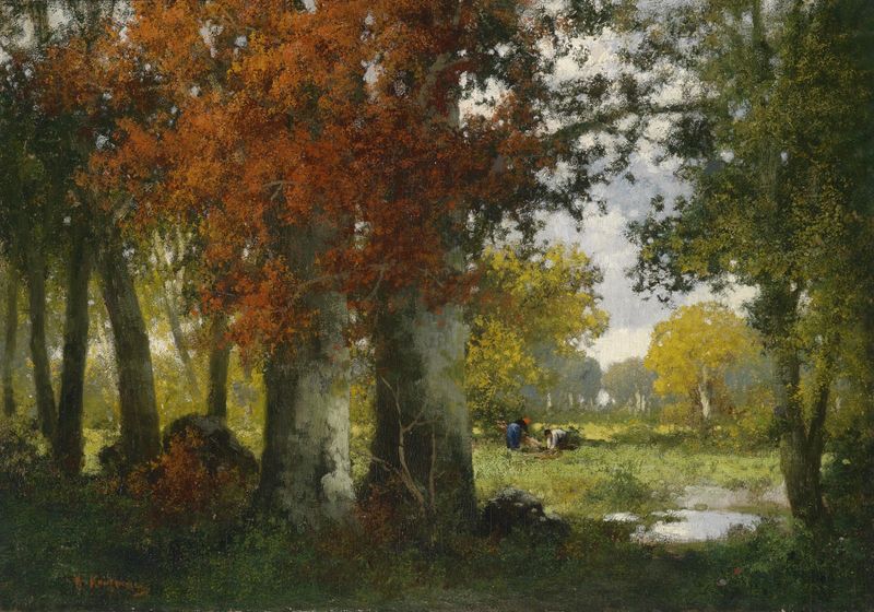 Waldlichtung mit Reisigsammlern de Adolf Kaufmann, óleo sobre tela que retrata uma cena de floresta.