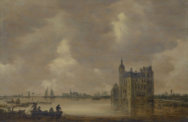 A Castle by a River, óleo sobre lienzo de Jan van Goyen, que representa un paisaje tranquilo con un río y un castillo.