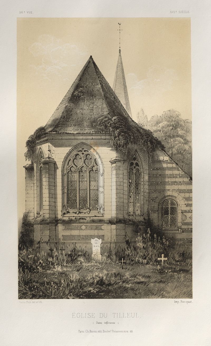 Église Du Tilleul de Victor Petit, óleo sobre lienzo que muestra una iglesia iluminada por luz dorada rodeada de árboles.
