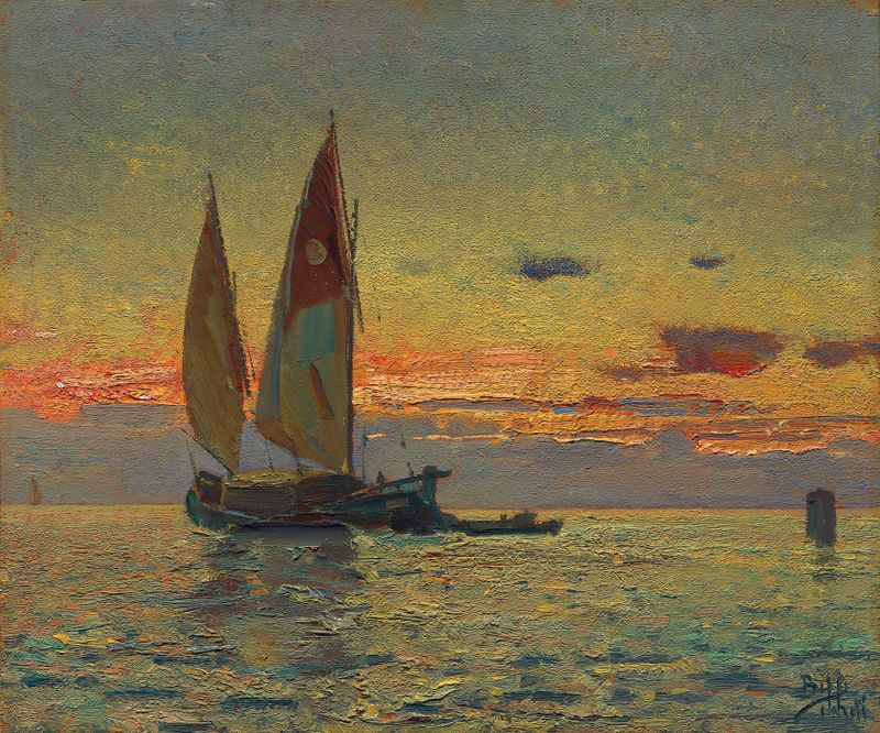 Impressionism oil painting by Beppe Ciardi depicting a sunset over shimmering water