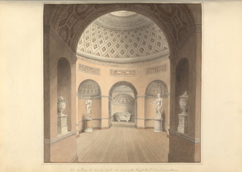 Vista interior de The Gallery at Newby Hall, acuarela de John Buckler