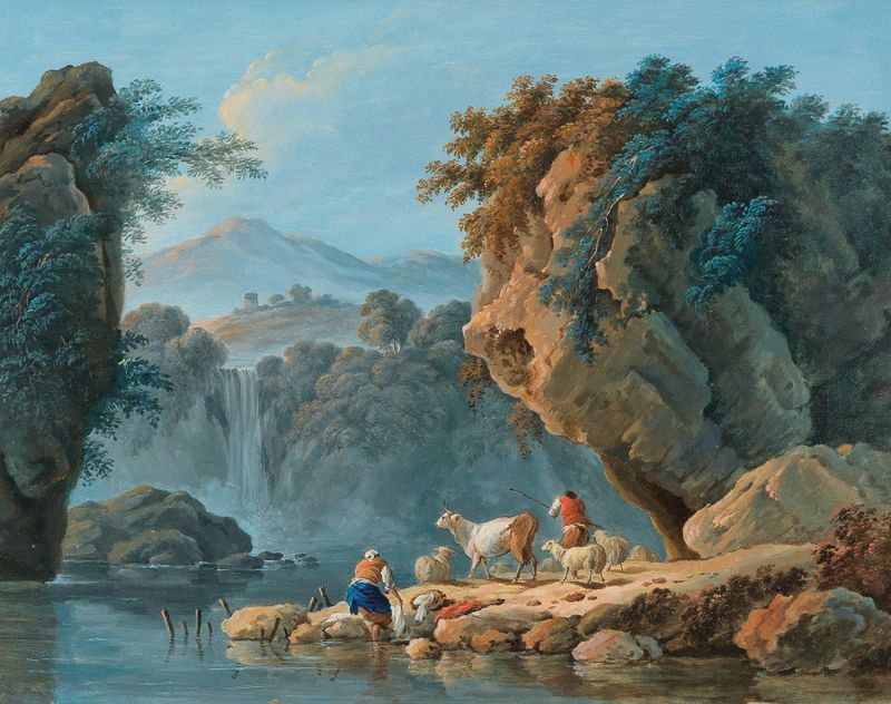 Una pareja de pastores en un paisaje montañoso, pintura al óleo de Jean-Baptiste Pillement