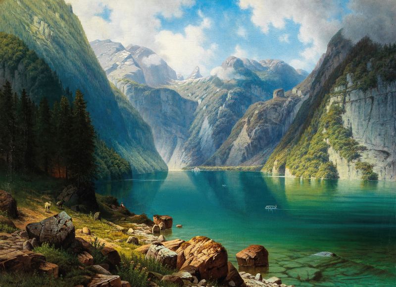 A View of Lake Königssee de Daniel Somogyi, pintura a óleo que retrata um lago sereno e a natureza.