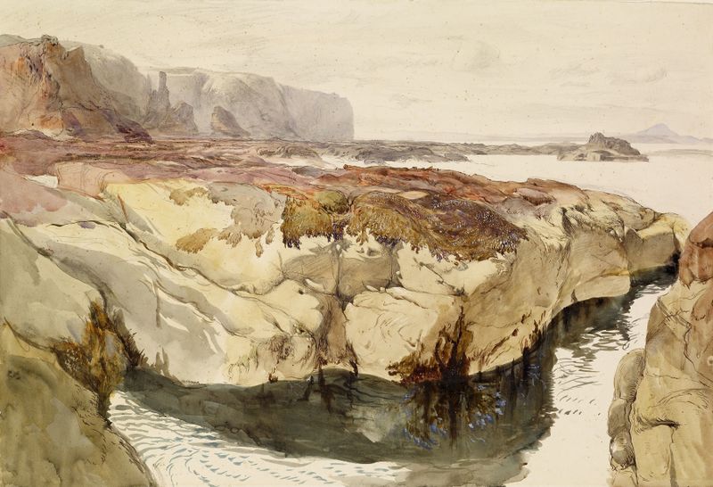 Coast Scene near Dunbar, watercolor on paper by John Ruskin, depicting crashing waves and rocky cliffs.