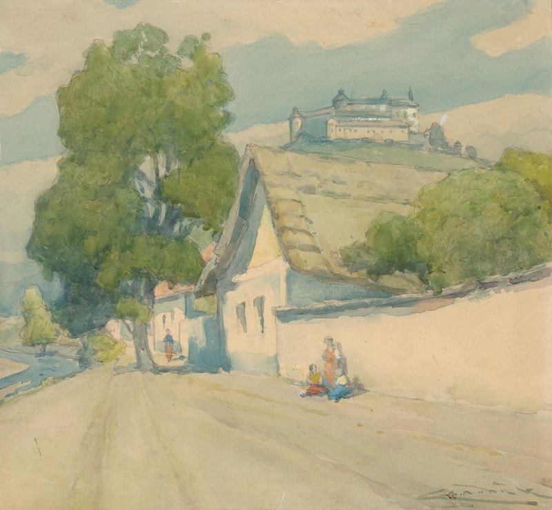 Paisaje con colinas y cielo suave, óleo sobre lienzo de Ľudovít Čordák