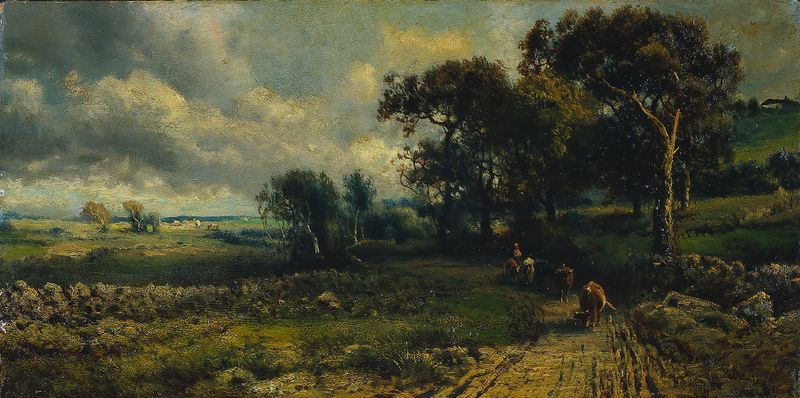 Fleecy Clouds oil painting by George Inness showing luminous clouds in a tranquil sky.