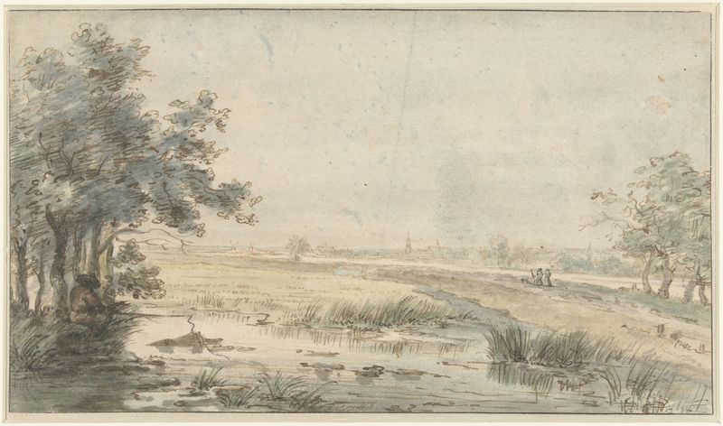 Landschap met een hengelaar aan het water, pintura a óleo de Jan Hulswit
