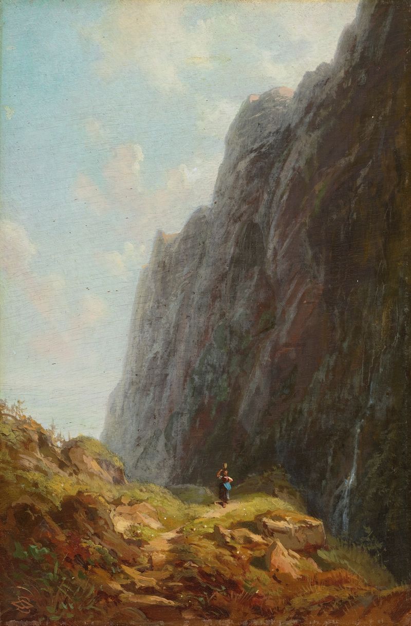 Mountain And Milkmaid Along A Winding Stone Path, oil painting by Carl Spitzweg