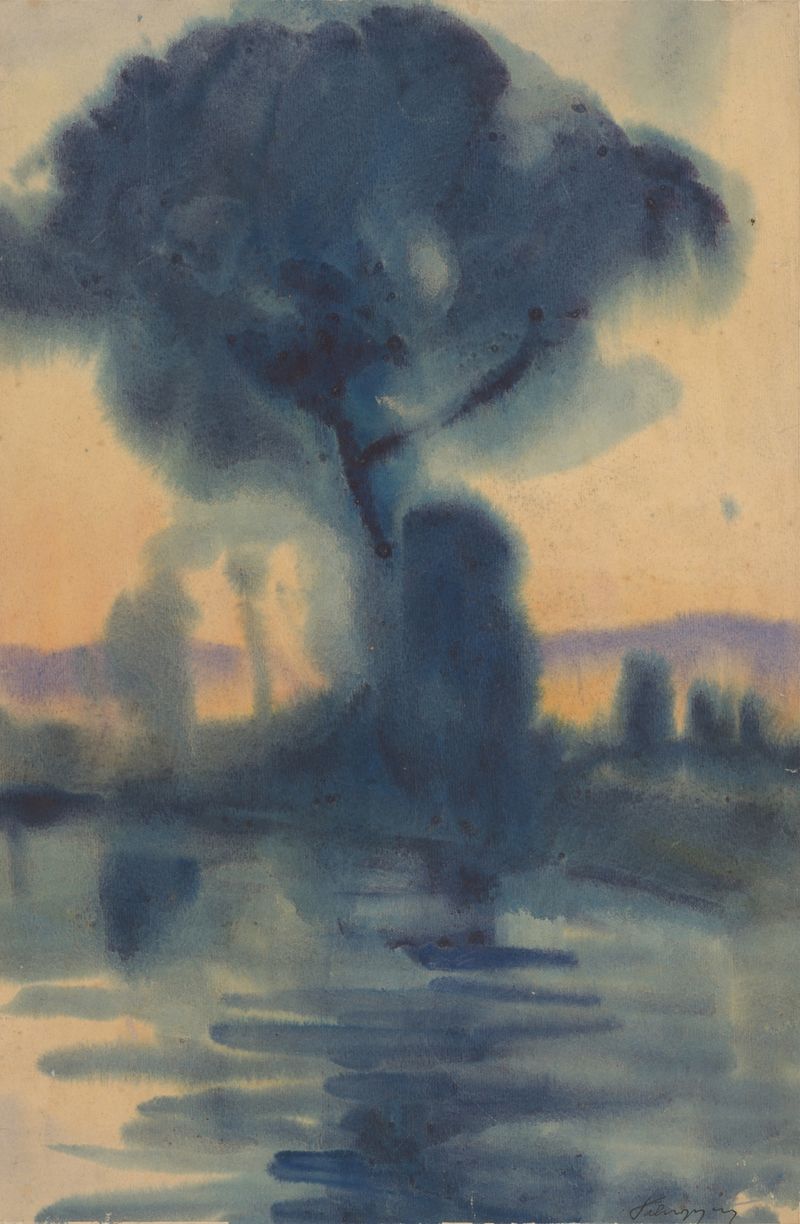 Riverbank de Zolo Palugyay, pintura al óleo que representa un río tranquilo y follaje.