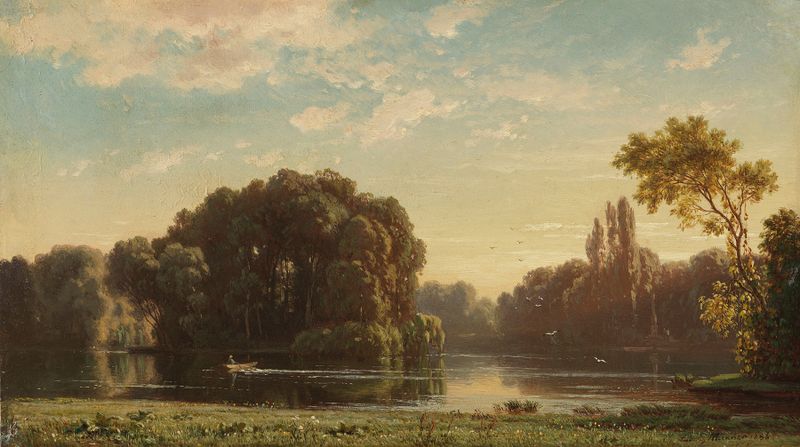 Escena de paisaje con verdes vibrantes y luz solar, pintura al óleo de Ludwig Meixner