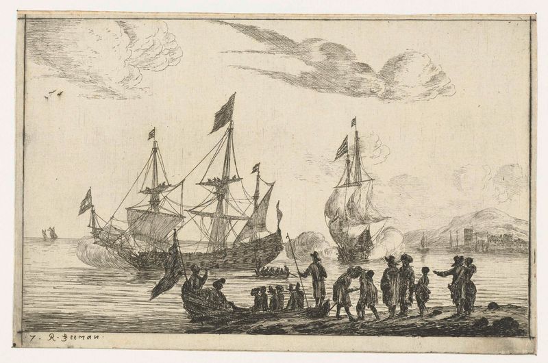 Havenscène met een spiegelsloep by Reinier Nooms, etching of a dock with a ship and reflections.