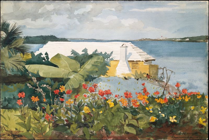 Jardim de flores com flores vibrantes e um bungalow, aquarela sobre papel de Winslow Homer