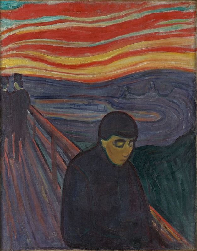 Figurative oil painting by Edvard Munch depicting a solitary figure enveloped in darkness