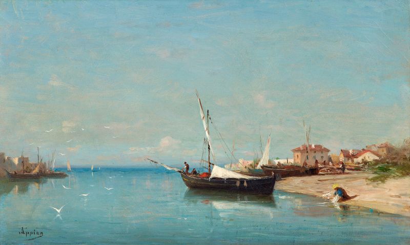 Marine scene with waves and beach, oil on canvas by Adolphe Appian