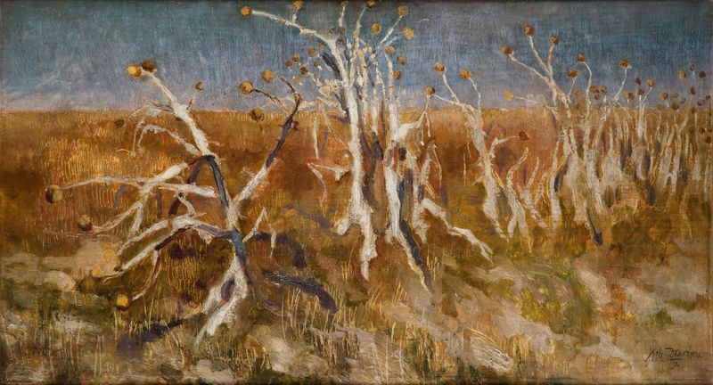 Musk Thistles by Kazimierz Sichulski, oil painting depicting vibrant thistles and lush greenery.