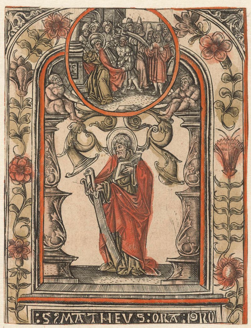 Engraving by Allaert Claesz depicting the apostle Matthew and his martyrdom