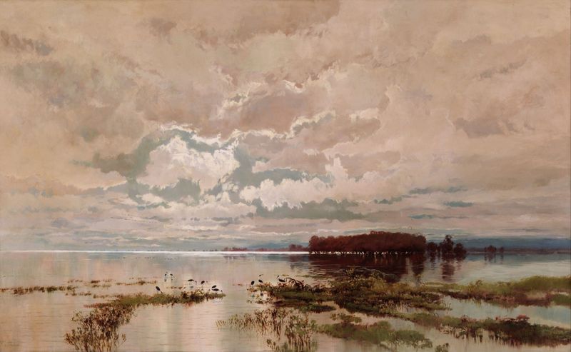 A Inundação no Darling, óleo de William Charles Piguenit retratando uma cena de rio turbulento.